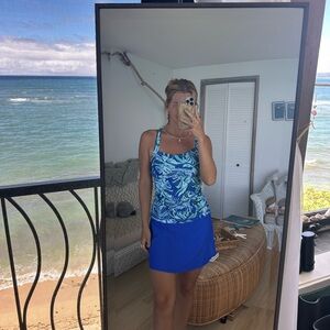 Blue Tropical Print Tankini and swim Skirt Set